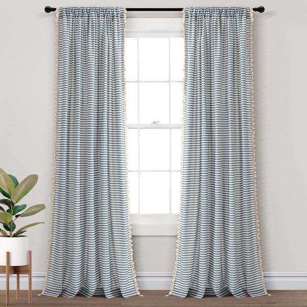 Lush Decor Boho Coastal Horizontal Ticking Stripe Tassel Window Curtain Panel Set