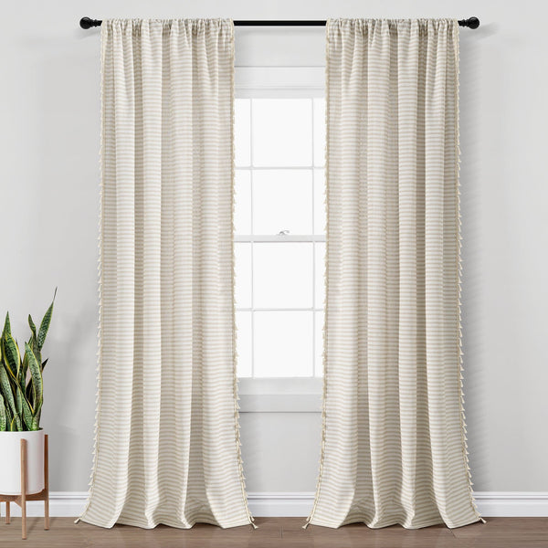 Lush Decor Boho Coastal Horizontal Ticking Stripe Tassel Window Curtain Panel Set