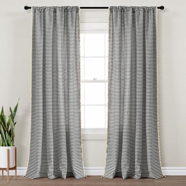 Lush Decor Boho Coastal Horizontal Ticking Stripe Tassel Window Curtain Panel Set