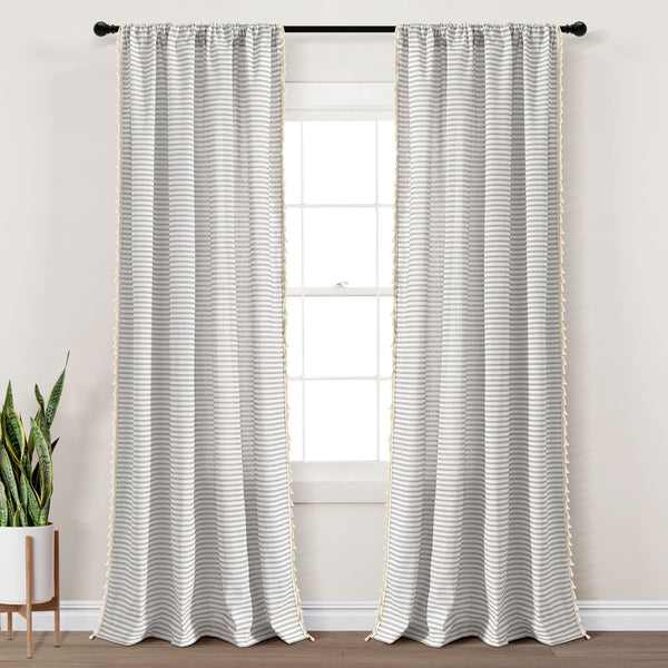 Lush Decor Boho Coastal Horizontal Ticking Stripe Tassel Window Curtain Panel Set