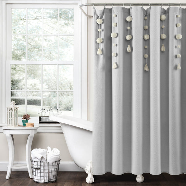 Lush Decor Boho Pom Pom Tassel Faux Linen Shower Curtain