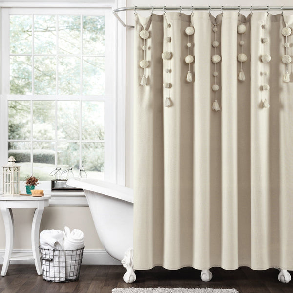Lush Decor Boho Pom Pom Tassel Faux Linen Shower Curtain