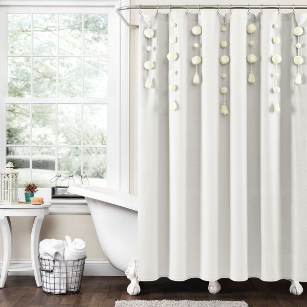 Lush Decor Boho Pom Pom Tassel Faux Linen Shower Curtain