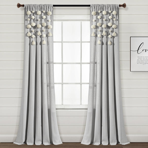 Lush Decor Boho Pom Pom Tassel Faux Linen Window Curtain Panel