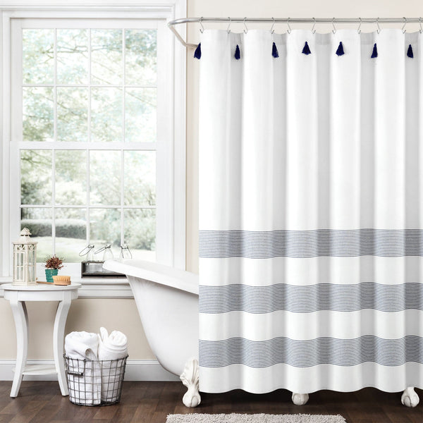 Lush Decor Boho Tassel Stripe Yarn Dyed Recycled Cotton Blend Shower Curtain
