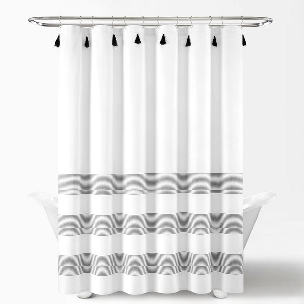 Lush Decor Boho Tassel Stripe Yarn Dyed Recycled Cotton Blend Shower Curtain