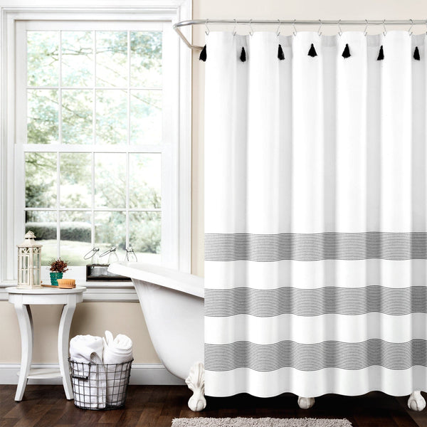 Lush Decor Boho Tassel Stripe Yarn Dyed Recycled Cotton Blend Shower Curtain