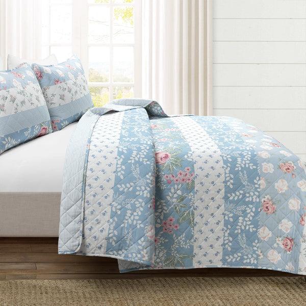 Lush Decor Cottagecore Flower Stripe Cotton Quilt 3 Piece Set