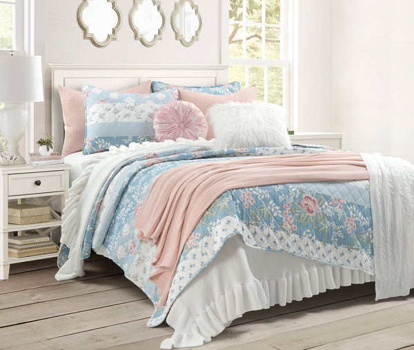 Lush Decor Cottagecore Flower Stripe Cotton Quilt 3 Piece Set