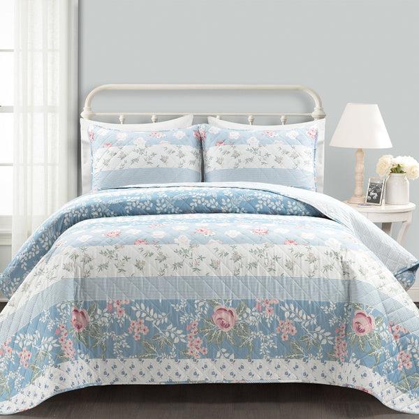 Lush Decor Cottagecore Flower Stripe Cotton Quilt 3 Piece Set