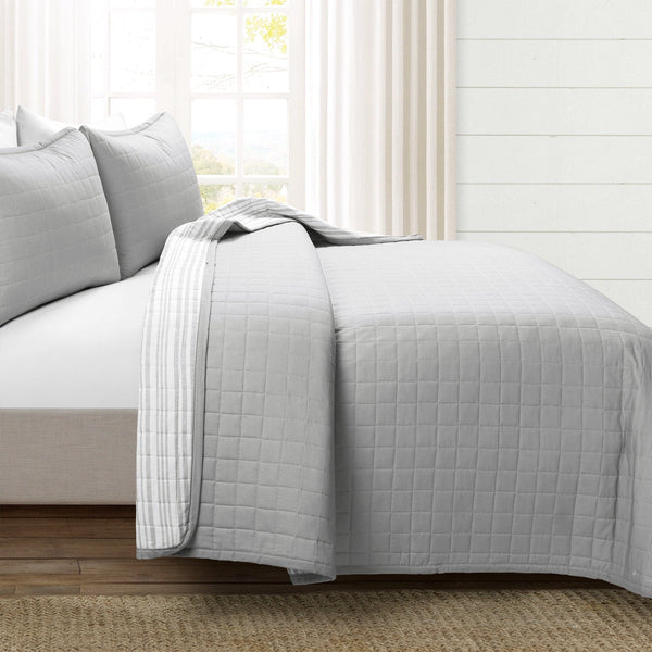 Lush Decor Farmhouse Box Stitch And Stripe Cotton Quilt 3 Piece Set
