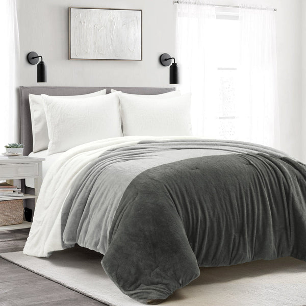 Lush Decor Farmhouse Color Block Ultra Soft Faux Fur Comforter Set