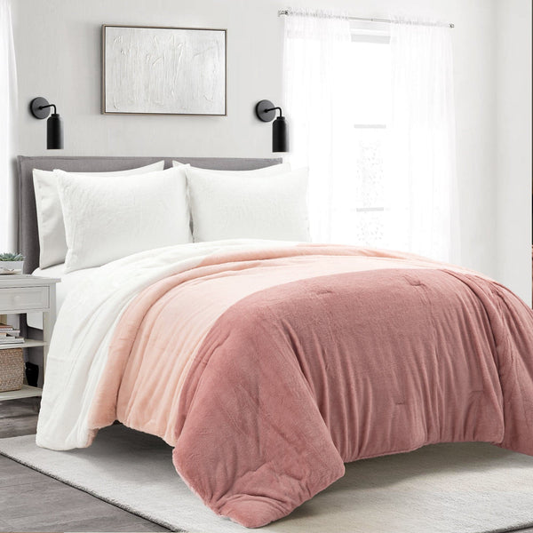 Lush Decor Farmhouse Color Block Ultra Soft Faux Fur Comforter Set