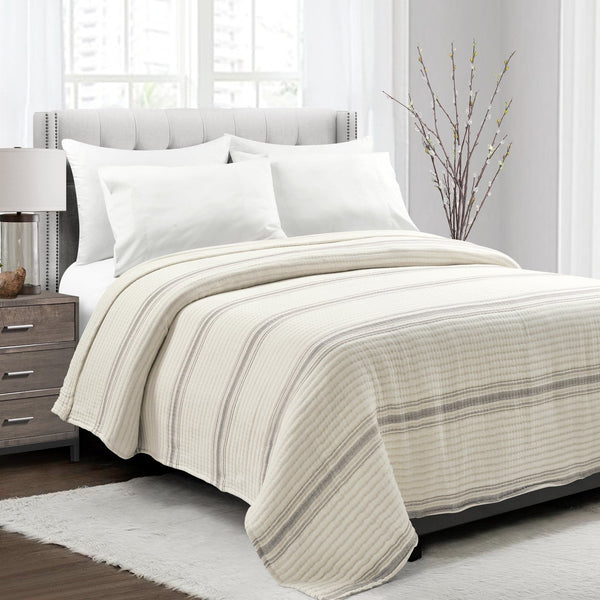 Lush Decor Farmhouse Stripe Kantha Pick Stitch Yarn Dyed Cotton Woven Blanket/Quilt/Coverlet