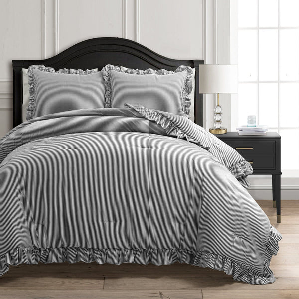 Lush Decor Farmhouse Stripe Reyna Ruffle Reversible Comforter 3 Piece Set
