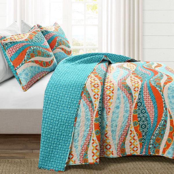 Lush Decor Hailey Watercolor Wave Reversible Cotton Quilt 3 Piece Set