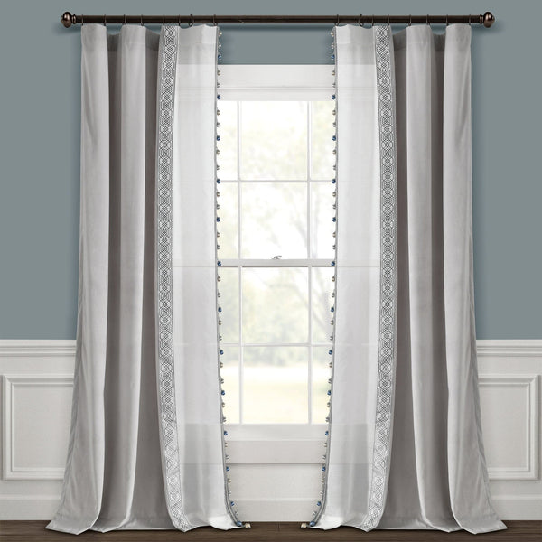 Lush Decor Luxury Vintage Velvet & Sheer With Border Pompom Trim Window Curtain Panel