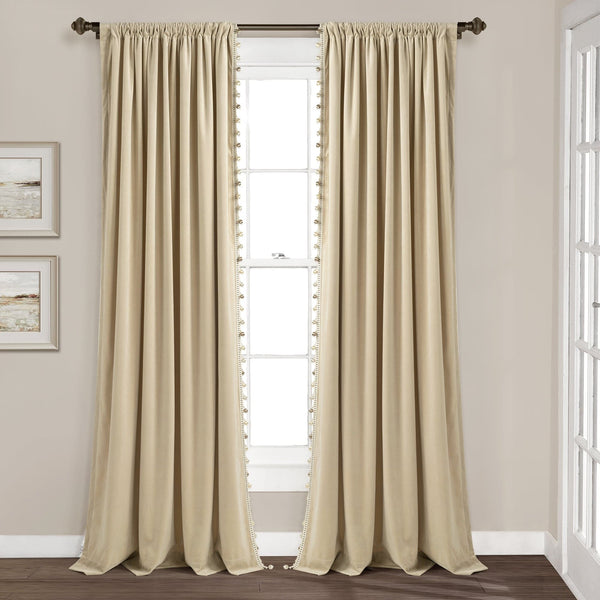 Lush Decor Luxury Vintage Velvet With Silky Pompom Trim Window Curtain Panel