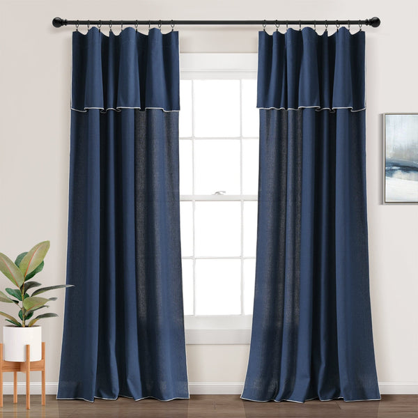 Lush Decor Modern Faux Linen Embroidered Edge With Attached Valance Window Curtain Panel Set