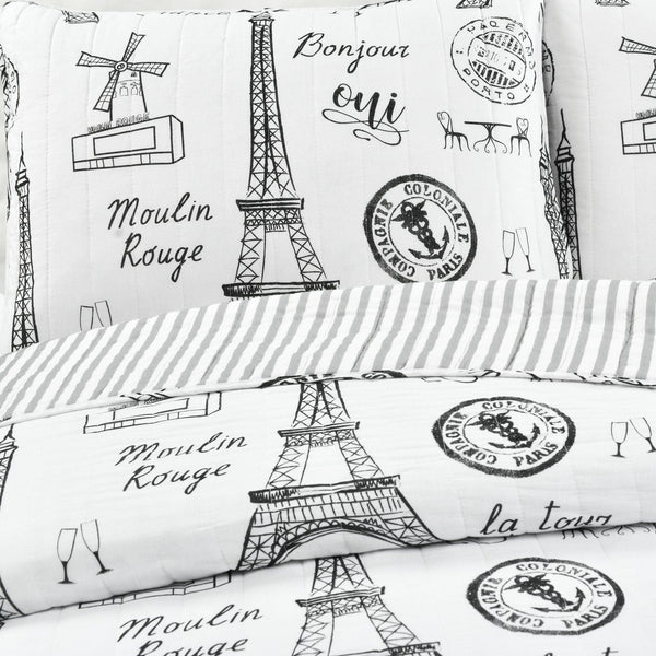Lush Decor Paris Bonjour Reversible Cotton 3 Piece Quilt Set