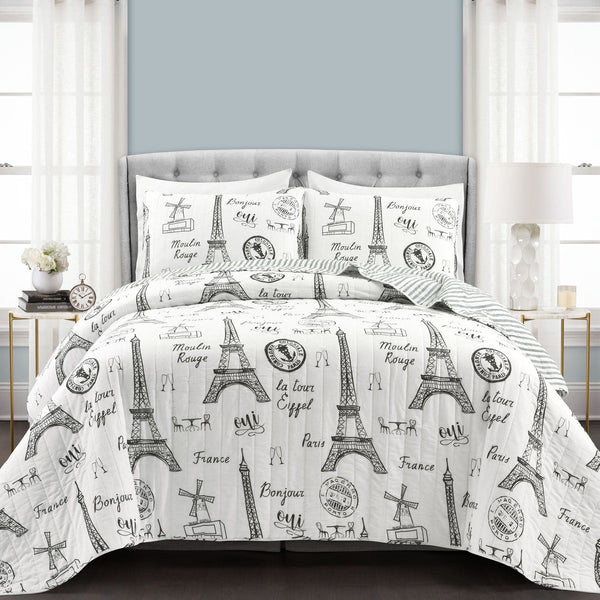 Lush Decor Paris Bonjour Reversible Cotton 3 Piece Quilt Set