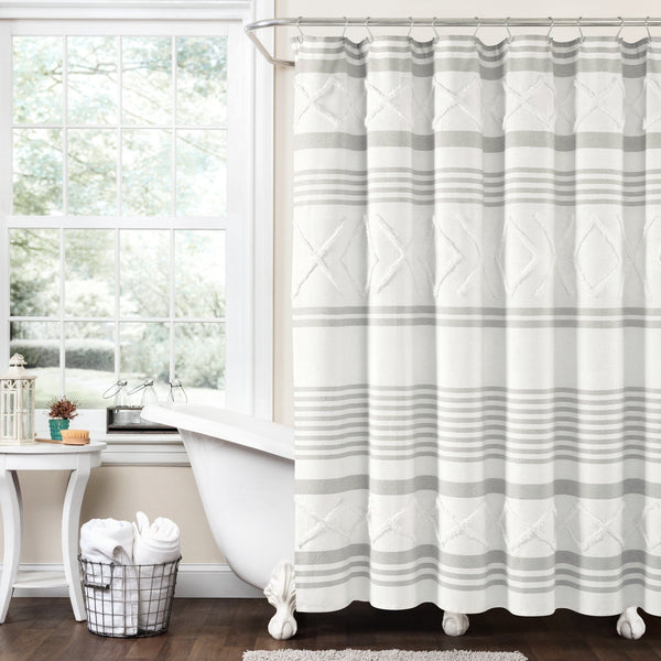 Lush Decor Urban Diamond Stripe Woven Tufted Recycled Cotton Blend Shower Curtain
