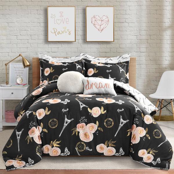 Lush Decor Vintage Paris Rose Butterfly Script Comforter Set