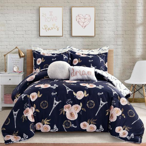 Lush Decor Vintage Paris Rose Butterfly Script Comforter Set
