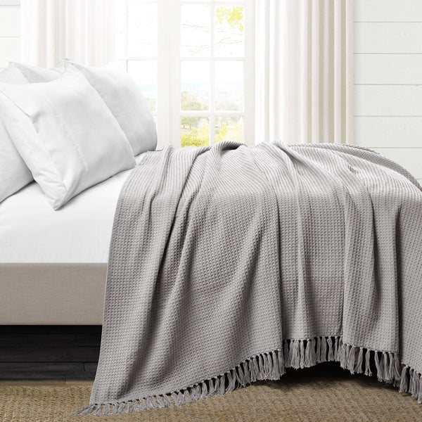 Lush Decor Waffle Cotton Knit Tassel Fringe Blanket/Coverlet